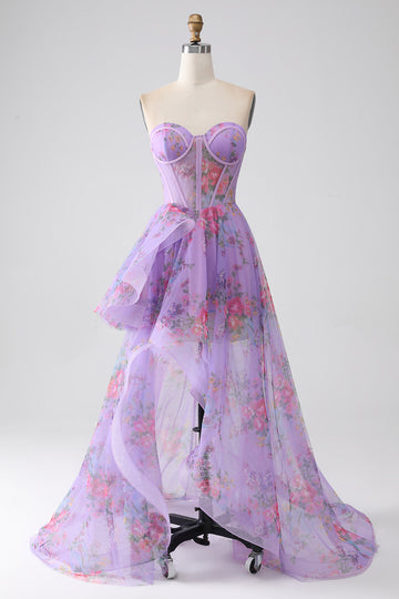 Viola stampato senza spalline Corsetto Prom Dress
